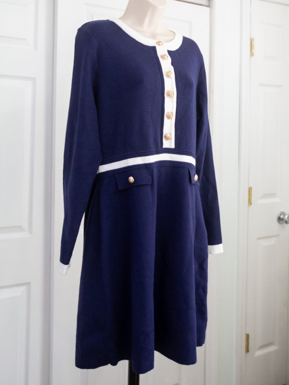 Navy Blue Button-Front Sweater Dress with White Trim